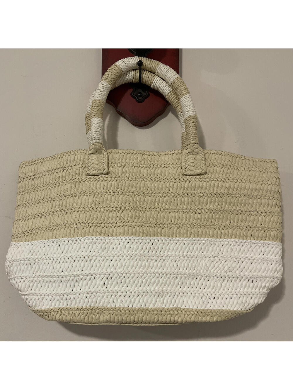 Altru Made For Good - Beige & White Striped Straw Tote Purse NEW! A9